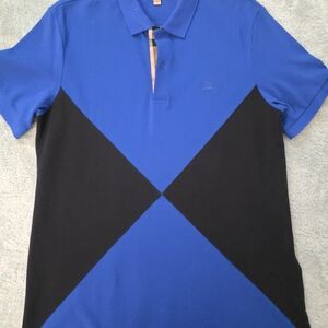 Burberry London Royal and Navy  Polo Shirt w Check Collar sz L